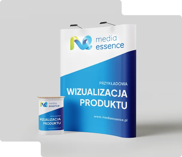 Na tym zdjęciu widać stoisko reklamowe,. Po lewej stronie znajduje się stand reklamowy w formie ścianki, z widoczny logiem i nazwą firmy 